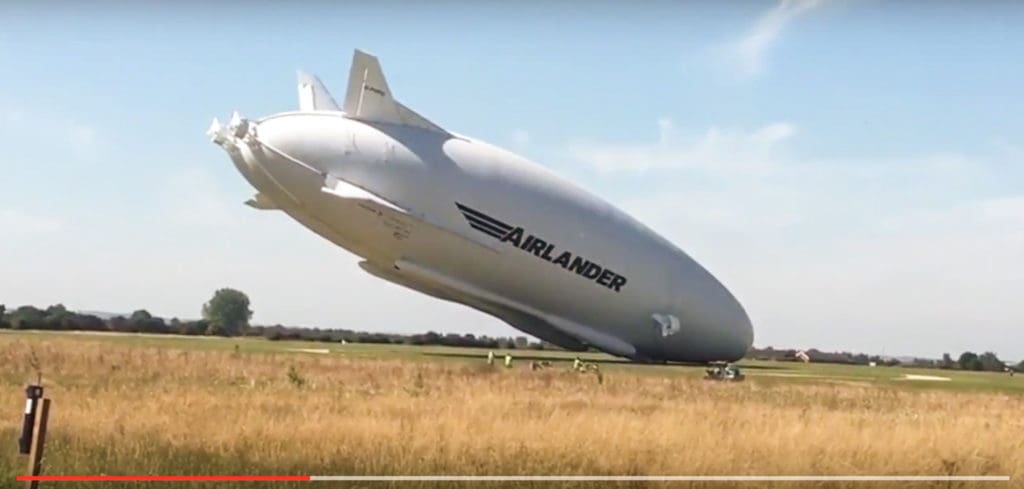 Airlander 10 lands on cockpit on second test flight. Screen shot by author from SciNews video